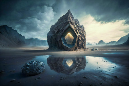 Strange, bizarre ancient alien structure on an alien planet. Created with Generative AI technology.の素材