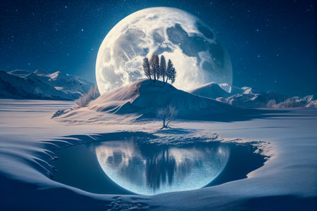 Big white moon rising over an ice and snow winter landscape. Created with Generative AI technology.の素材