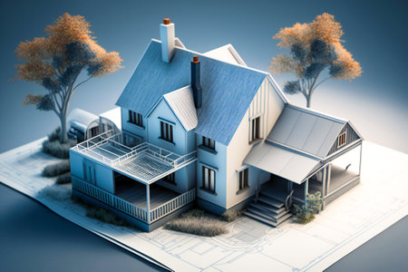 A small home model sitting on a construction blueprint. Real estate and engineering design concept. Created with Generative AI technology.の素材