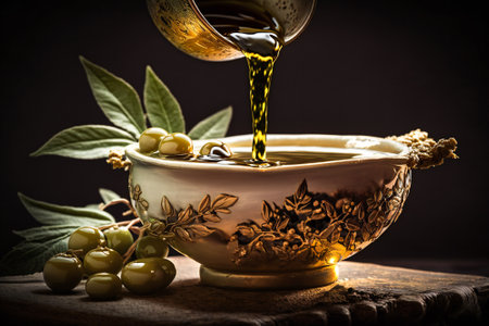 Olive oil being poured over green olives in a traditional vase. Created with Generative AI technology.の素材