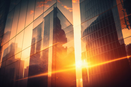 Modern office towers with glass facades under morning light. Business, office and finance concept illustration. Created with Generative AI technology.の素材