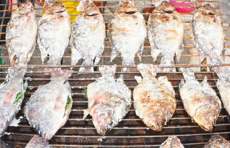 Grilled fish with salt on the stoveの写真素材