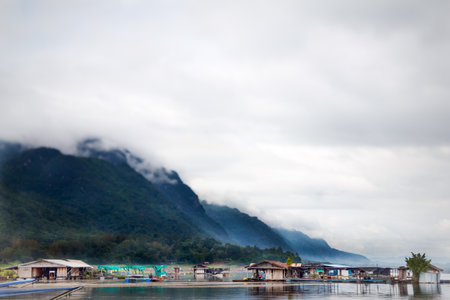 Floating village in the middle of the lake. Landscape.の写真素材