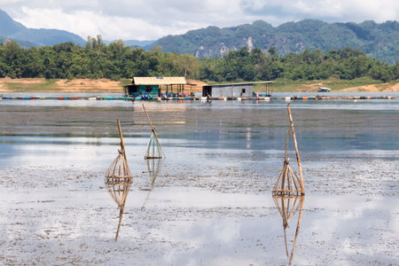 Fish trap equipment installed in the water.の写真素材