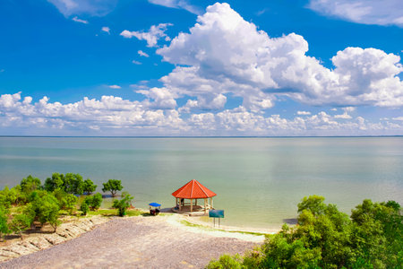 Laem Talumphuk, seen from a high place, has a beautiful sea, clear sky, Thailandの写真素材