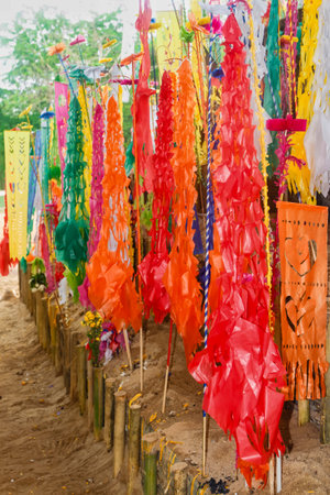 Buddhist prayer flags in a temple, Chiang Mai, Thailand.