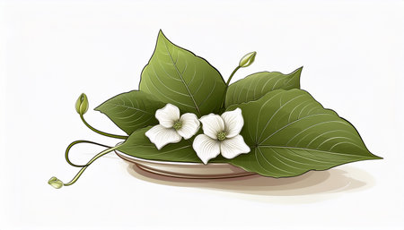 Plate with white flowers and green leaves on a white background.のイラスト素材