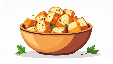 Bowl of bread croutons with parsley. Vector illustration.のイラスト素材