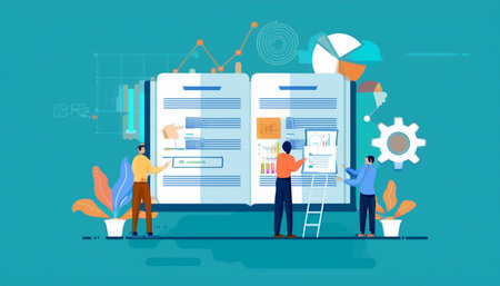 Flat design vector illustration concept for business analysis and planning, project management, consulting, team work, financial report.のイラスト素材