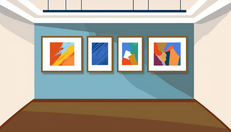 Illustration of a gallery interior with paintings on the wall, vectorのイラスト素材