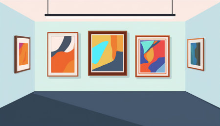 Interior of art gallery with frames. Vector illustration in flat styleのイラスト素材