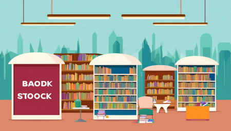 Bookstore with bookshelves. Vector illustration in flat style.のイラスト素材