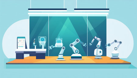 Robotic production line. Robotic factory production line. Vector illustrationのイラスト素材