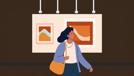 Woman looking at paintings in art gallery. Vector illustration in flat styleのイラスト素材