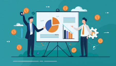 Business presentation vector illustration. Presentation board with graph, chart, diagram, pie charts, coins and people.のイラスト素材