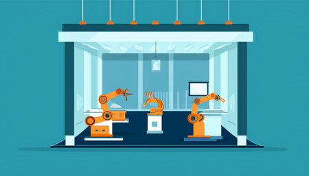 Industrial robot assembly line. Robotic arm. Vector illustration.のイラスト素材