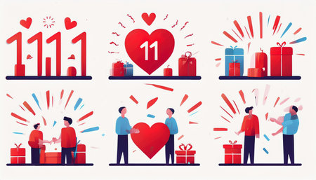 Valentine's day flat vector illustrations set. Men and women with gift boxes.のイラスト素材