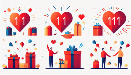Set of Valentine's Day flat vector illustrations. Icons of gifts, hearts and balloons.のイラスト素材