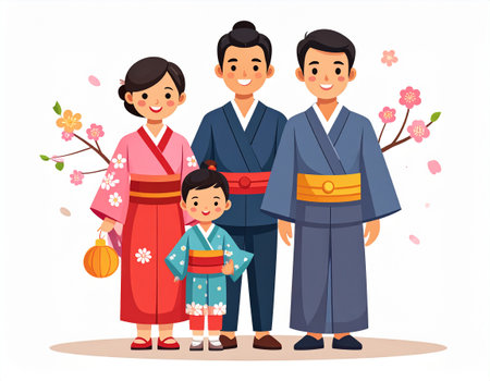Japanese family in traditional kimono. Vector illustration in cartoon style.のイラスト素材