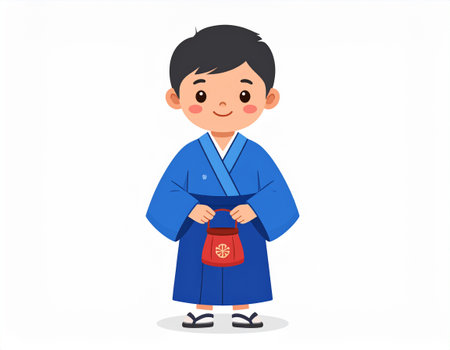 Japanese boy in blue kimono holding red packet vector illustration.のイラスト素材