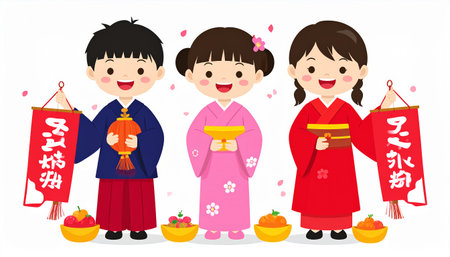 Happy Chinese New Year greeting card with cute little girls and boys wearing traditional costume and holding red envelopes.のイラスト素材
