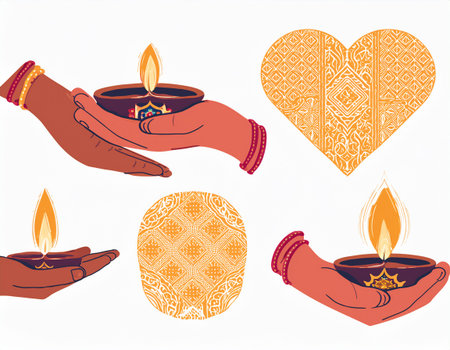 Hands holding diwali diya and heart, vector illustrationのイラスト素材