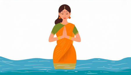 Indian woman in saree standing in the sea. Vector illustration.のイラスト素材