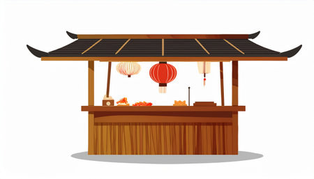 Illustration of a traditional street food stall with Chinese lanterns.のイラスト素材