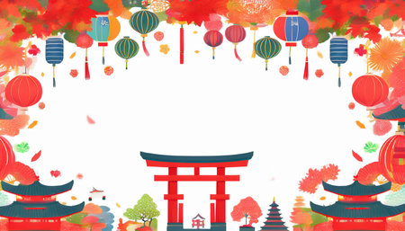 Autumn background with lanterns and Japanese temples. Vector illustration.のイラスト素材