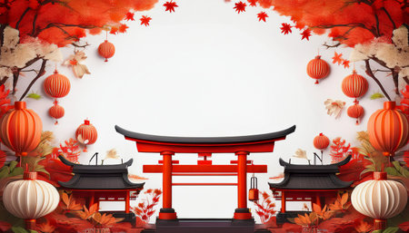 Chinese temple with red lanterns and maple leaves on white background.のイラスト素材