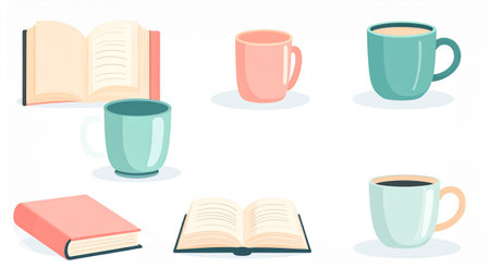 Coffee cups and book. Vector illustration in flat style.のイラスト素材