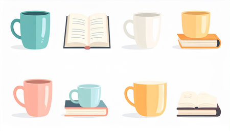 Coffee cups and books. Set of vector illustrations in flat style.のイラスト素材