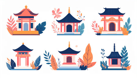 Set of chinese traditional buildings. Vector illustration in flat style.のイラスト素材