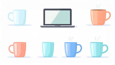 Coffee cups and laptop. Set of vector illustrations in flat style.のイラスト素材