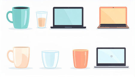Set of different types of coffee cups and laptops. Vector illustration.のイラスト素材