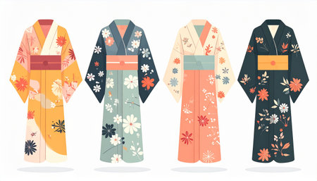 Japanese kimono set. Traditional japanese clothes. Vector illustrationのイラスト素材
