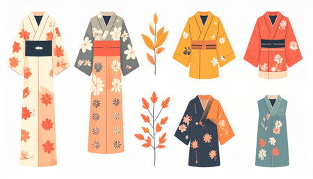 Japanese kimono vector set. Traditional japanese clothing.のイラスト素材