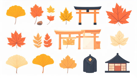 Autumn icons set with maple leaves and japanese gate.のイラスト素材