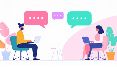 People with laptops and speech bubbles. Vector illustration in flat style.のイラスト素材