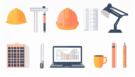 Architecture and construction tools icons set. Vector illustration in flat styleのイラスト素材