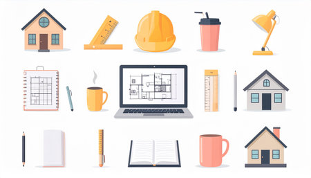 Architecture icons set. House plan, pencil, ruler, lamp, cup of coffee, laptop, notebook, cup of coffee. Vector illustrationのイラスト素材