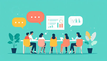 Business meeting. Teamwork, brainstorming. Flat design vector illustration.のイラスト素材