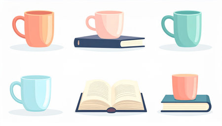 Coffee cups and books. Vector illustration in flat style.のイラスト素材