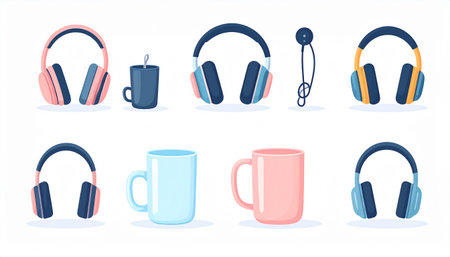 Set of headphones and coffee cups. Vector illustration in flat style.のイラスト素材