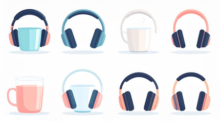 Set of headphones with a cup of coffee. Vector illustration in flat style.のイラスト素材