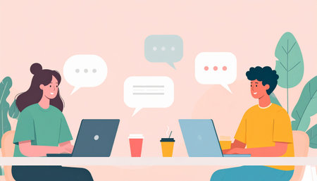 People talking on a video call. Vector illustration in flat style.のイラスト素材