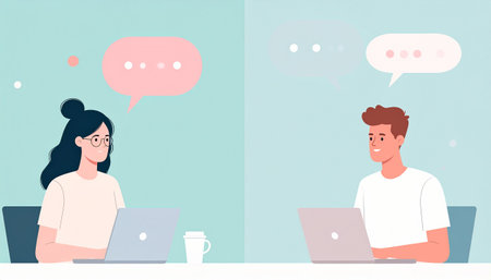 Vector illustration of a young man and woman sitting at the table with laptops and talking.のイラスト素材