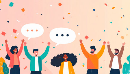Group of happy young people with speech bubbles and confetti celebrating success. Vector illustration.のイラスト素材