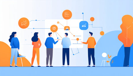 Teamwork and brainstorming concept. Businessmen and businesswomen working together. Teamwork and brainstorming. Vector illustration in flat styleのイラスト素材