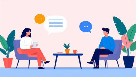 Psychologist or psychotherapist talking to a patient. Flat vector illustration.のイラスト素材